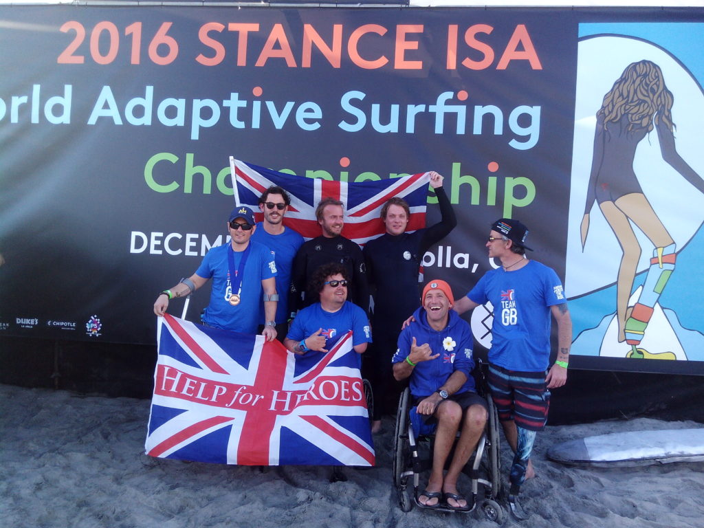 Peg and the rest of the British team at the World Adaptive Surf Champs.